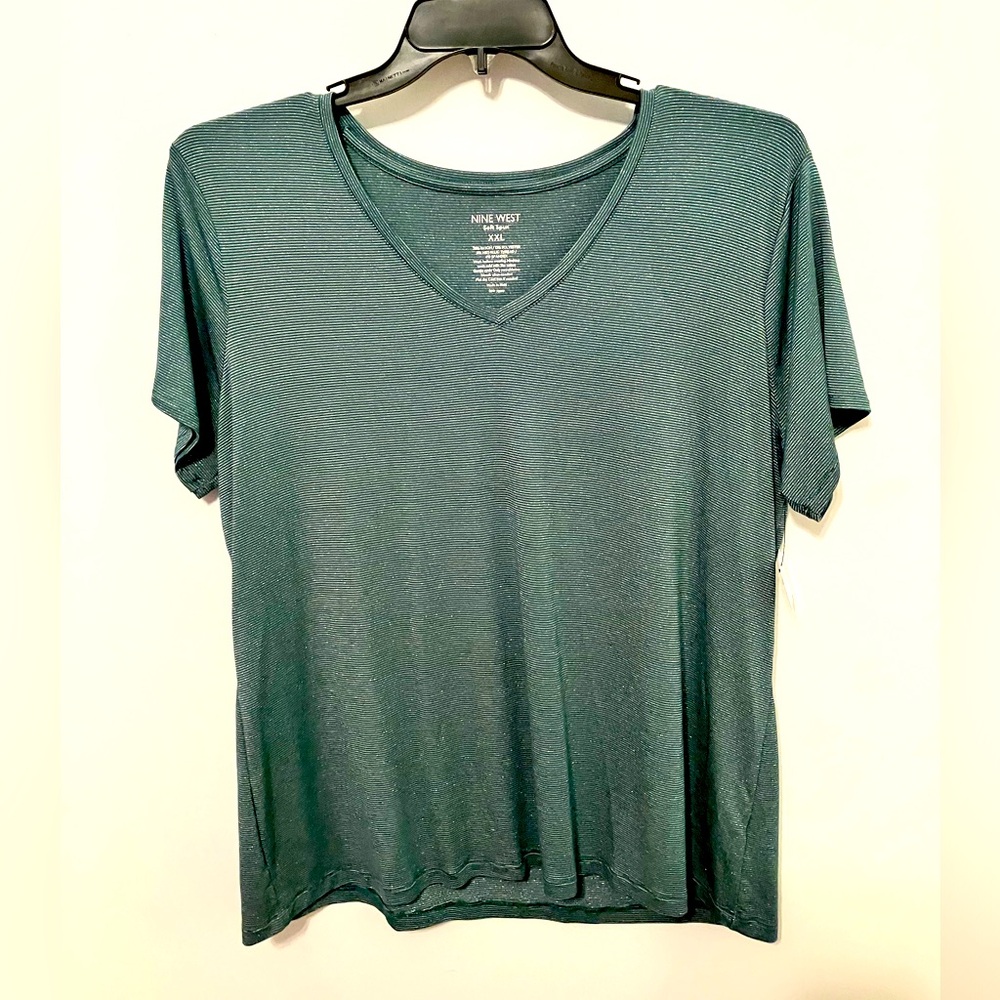 NWT Metallic Nine West Forest Green V-neck Soft Spun Striped Tee XXL